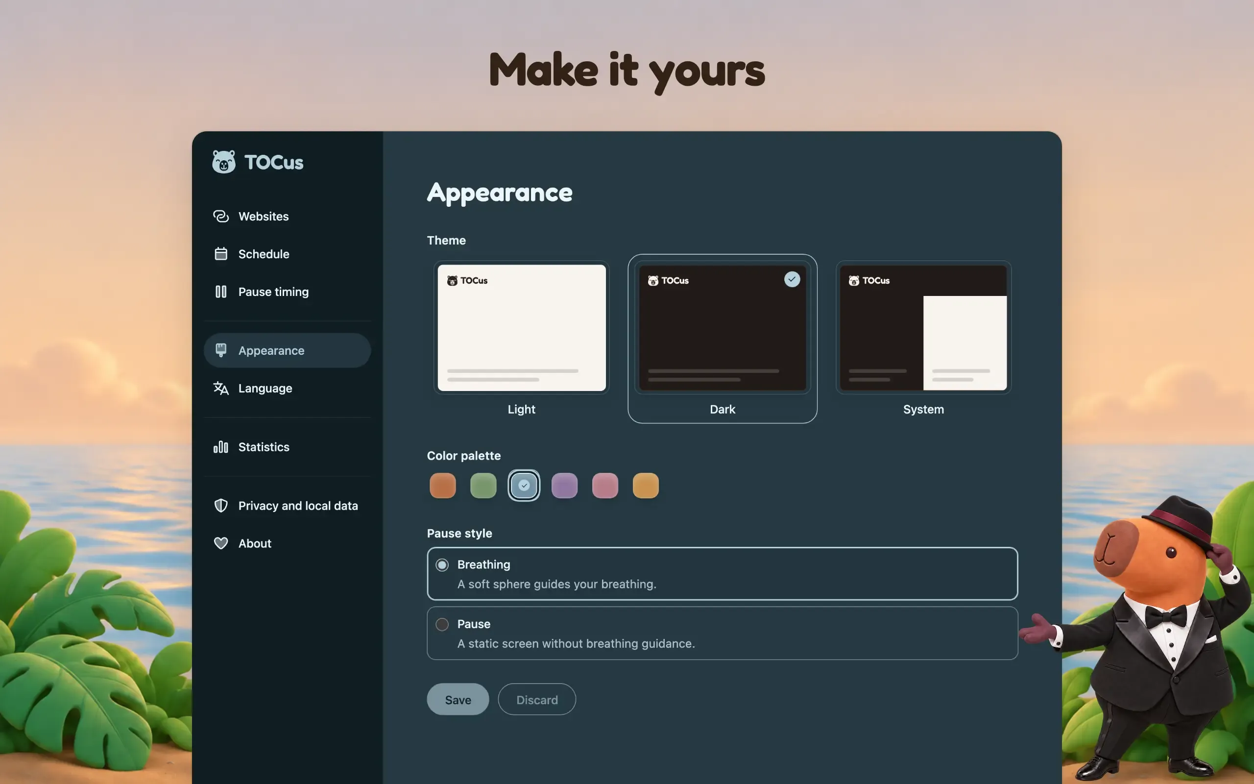 TOCus appearance settings with light and dark themes, color palettes, and breathing guidance options.