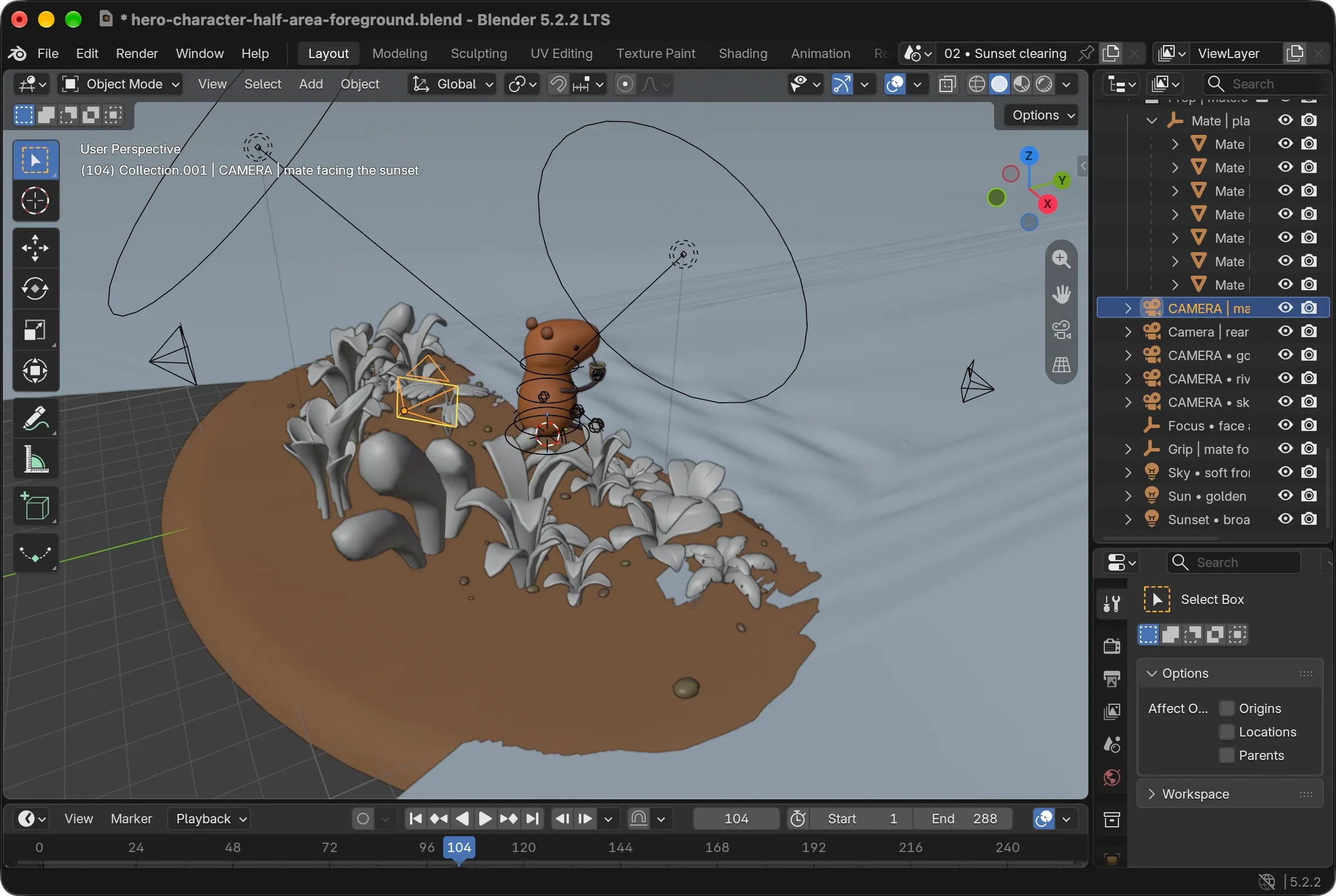 The scene open in Blender 5.2, with the island of sand, the capybara holding its mate, the plants and pebbles in gray, and the outlines of the cameras and lights around them.