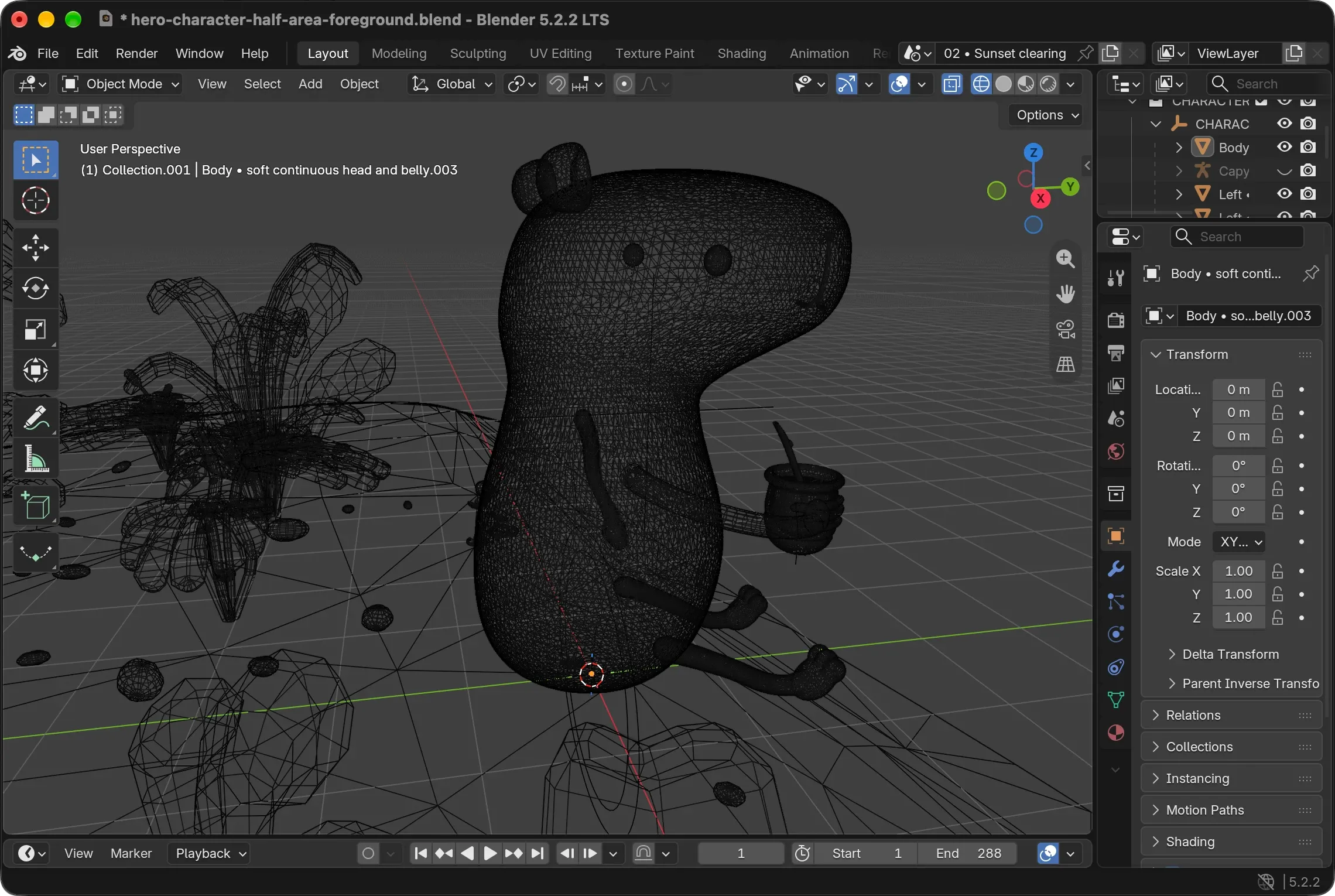 Blender in wireframe view, with the capybara holding a mate in the middle, its mesh so dense it looks almost solid black, and the plants and pebbles around it drawn with far fewer, longer lines.