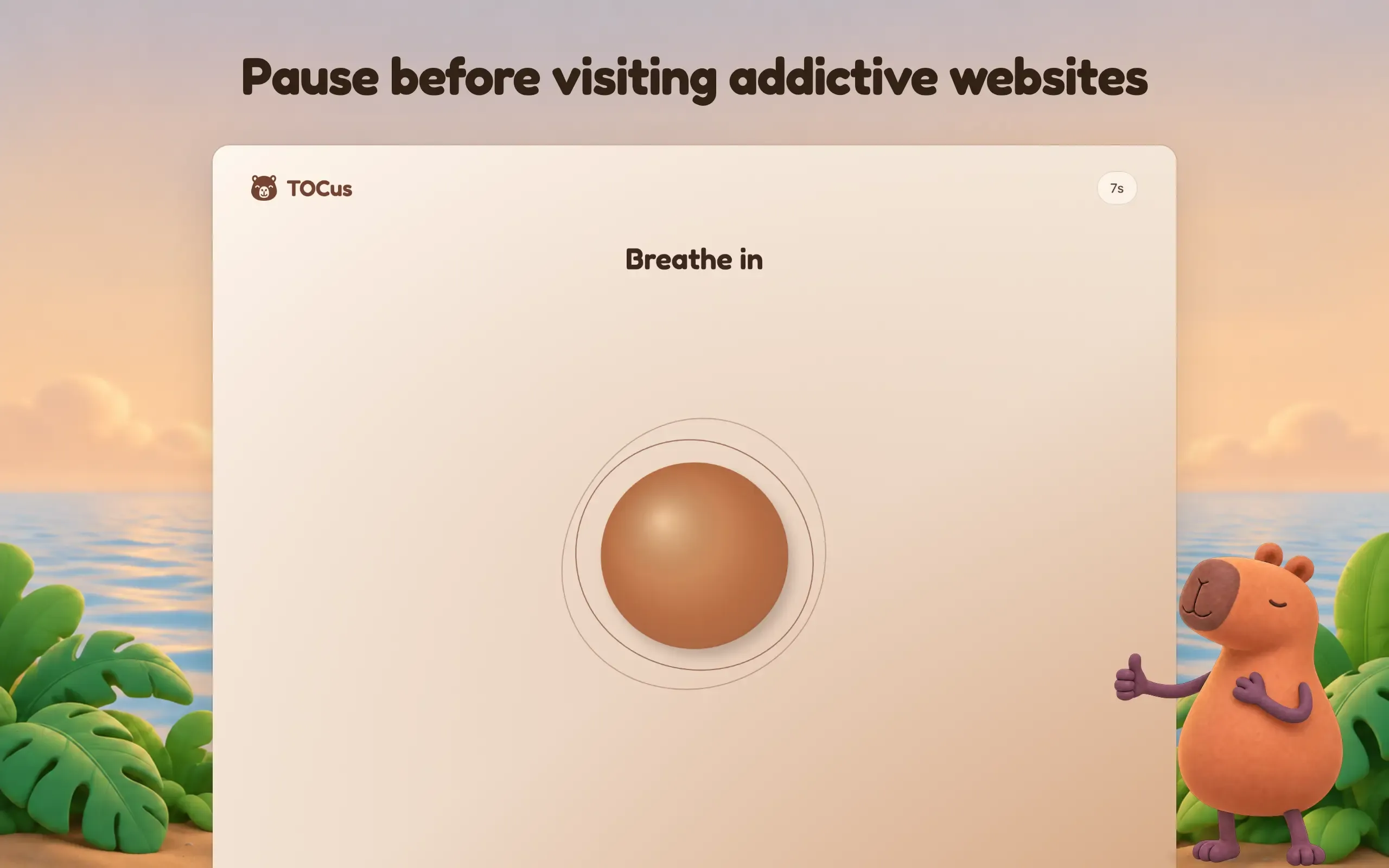 TOCus breathing pause with a guided breathing sphere and a countdown timer.