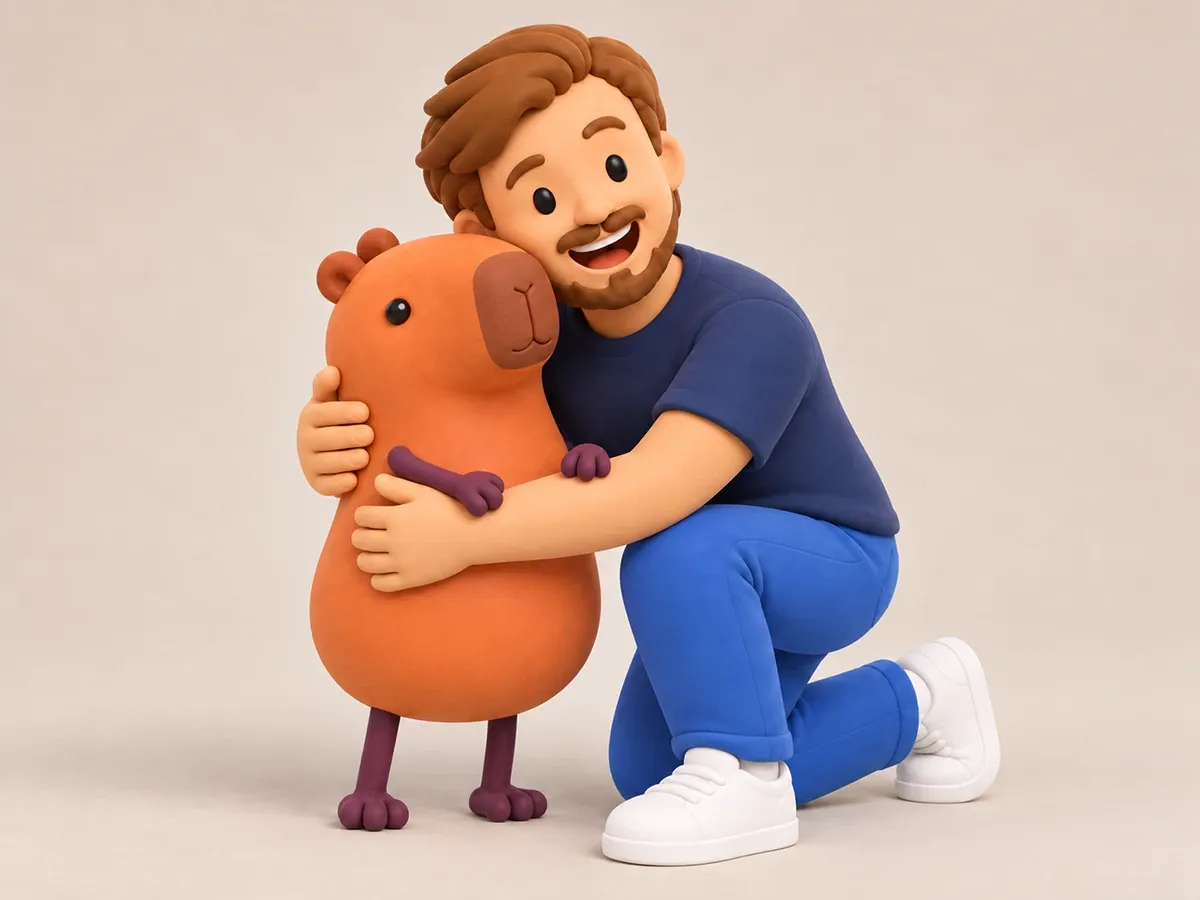 A clay-style illustration of Agus kneeling and hugging the TOCus capybara.
