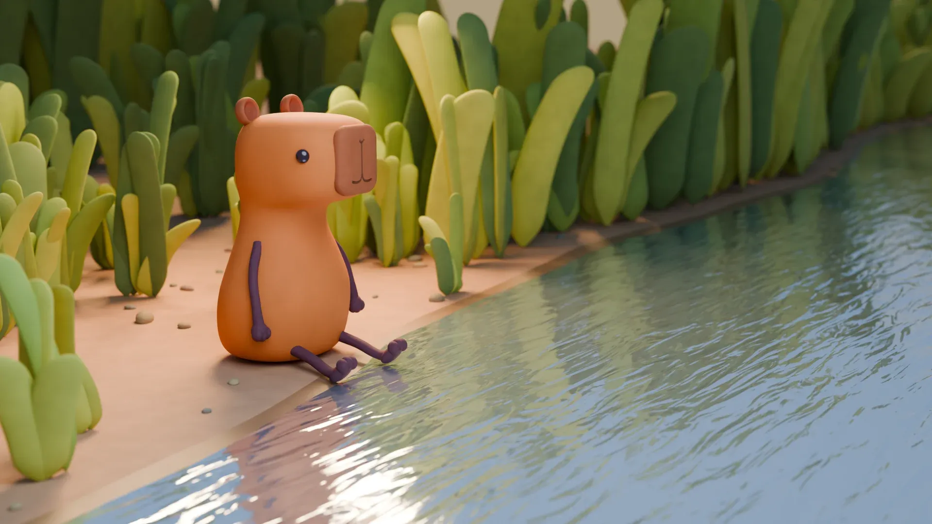 The first full-size render, with the capybara sitting on a sandy riverbank with its feet in the water, in front of tall green reeds.
