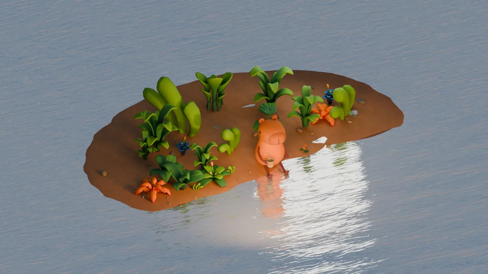 The scene from above, a small island of sand with the capybara and a few clusters of plants, surrounded by water.