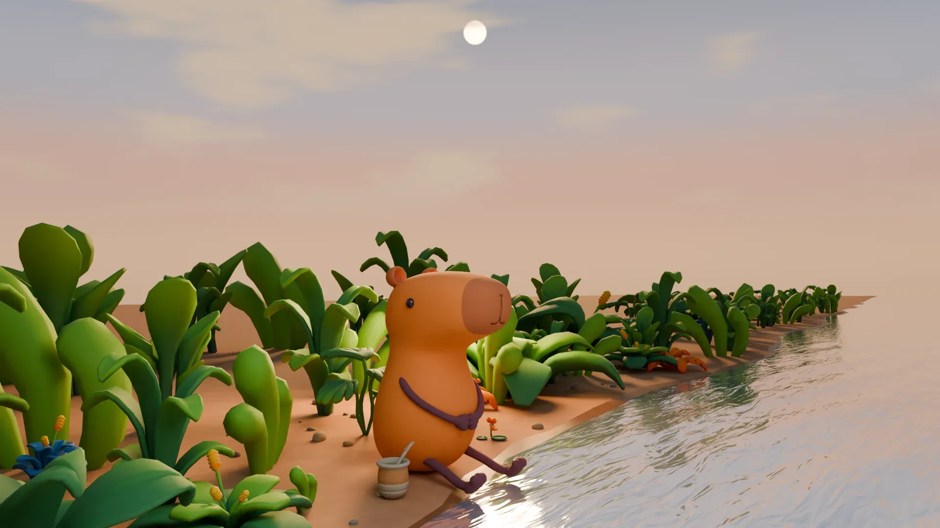 The capybara on the riverbank among smaller green leafy plants, with a mate on the sand beside it.