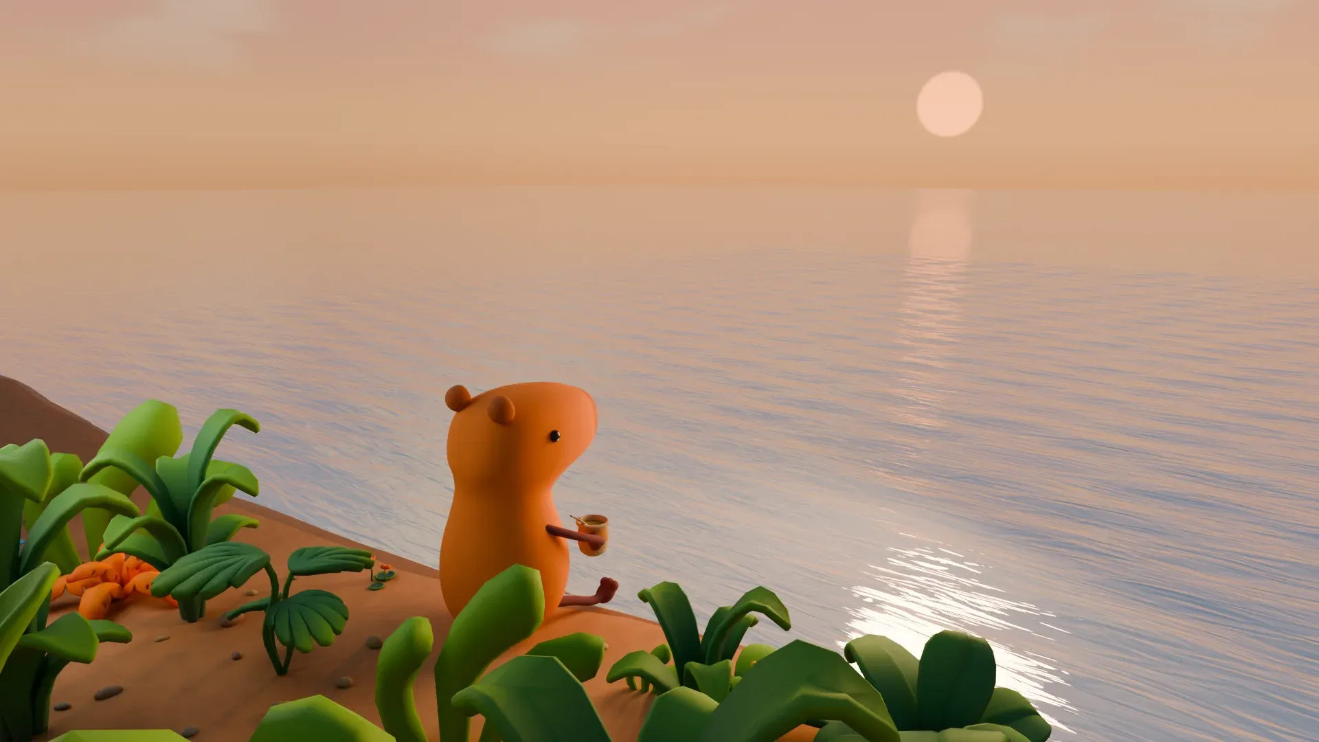 The capybara from behind, holding a mate and looking at the sun setting over the water, with green plants in front.