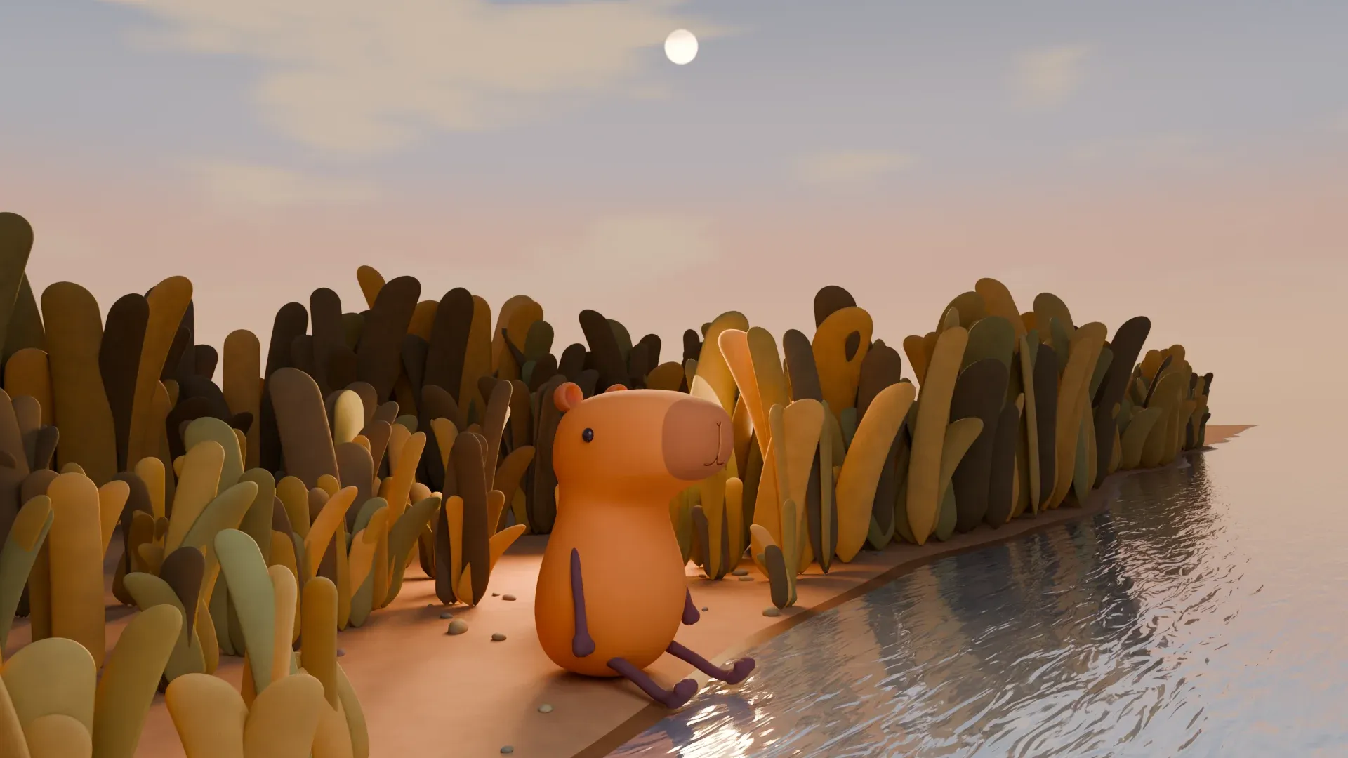 The capybara sitting on the riverbank with its feet in the water, in front of a wall of tall, rounded reeds in brown and ochre, under a pink evening sky.