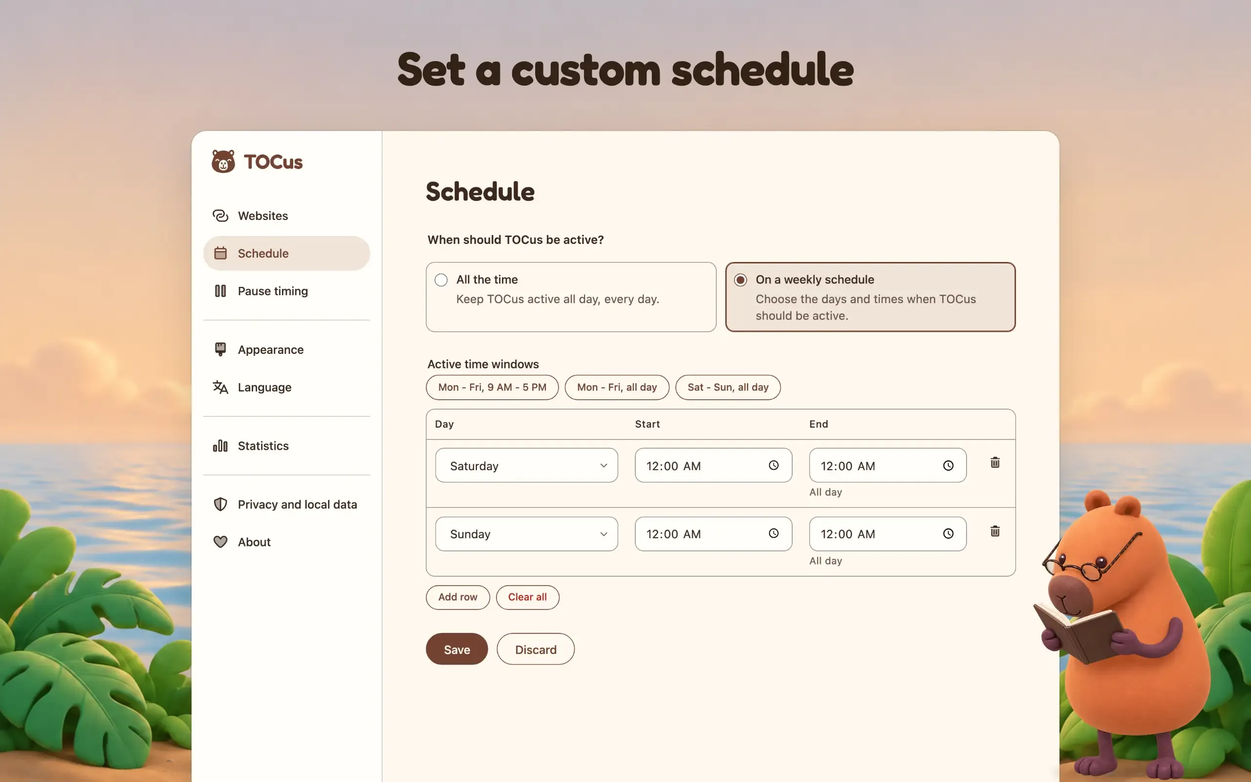 TOCus weekly schedule settings with day, start time, and end time controls.
