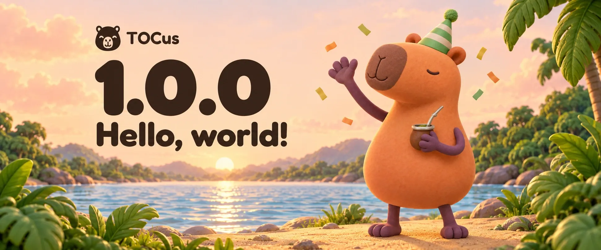 The 1.0.0 banner, with the words "1.0.0 Hello, world!" next to the capybara in a party hat, holding a mate by a river at sunset.