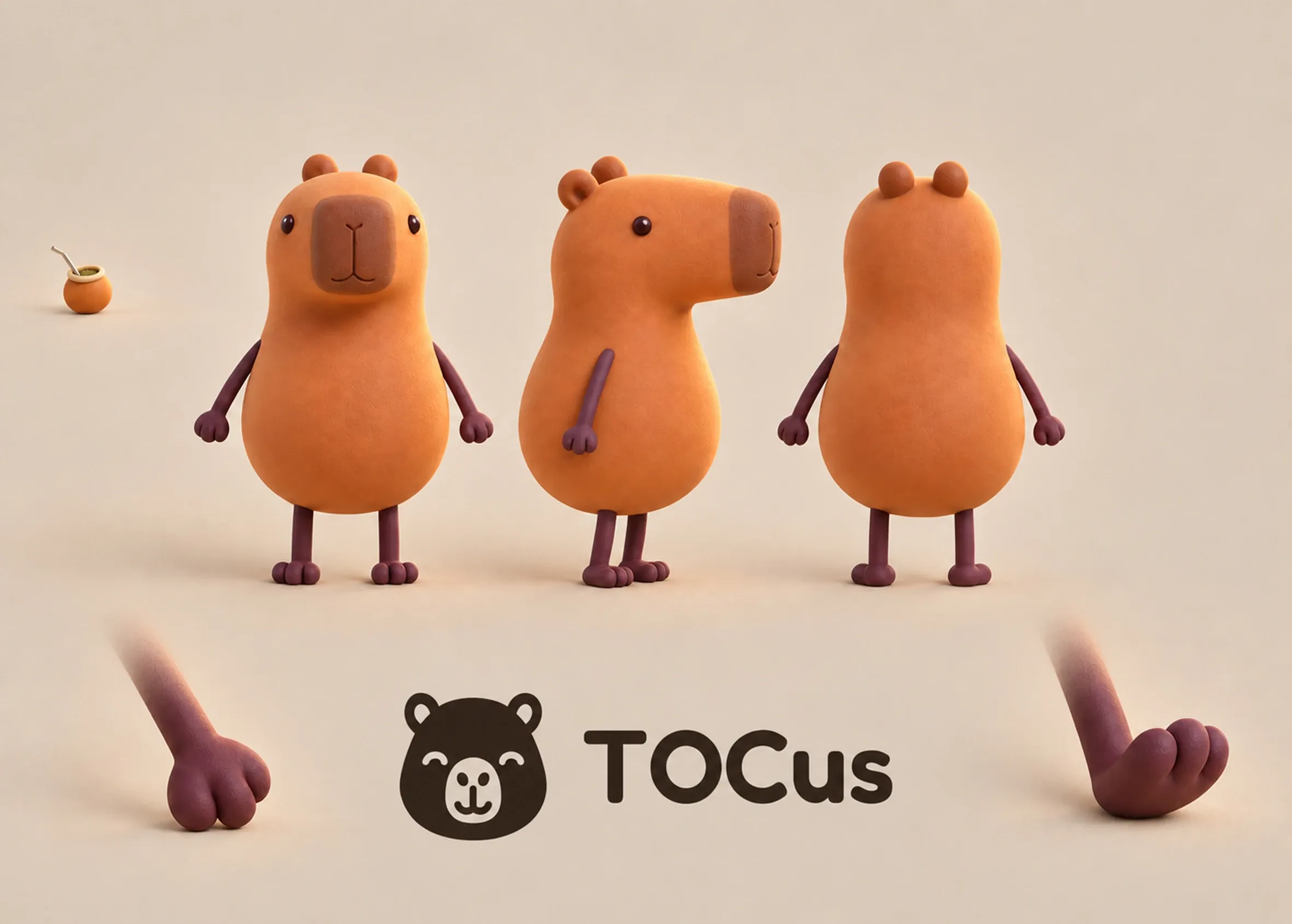 The same character sheet as clay renders, with the capybara from the front, the side, and the back, a hand, a foot, a mate, and the TOCus logo.