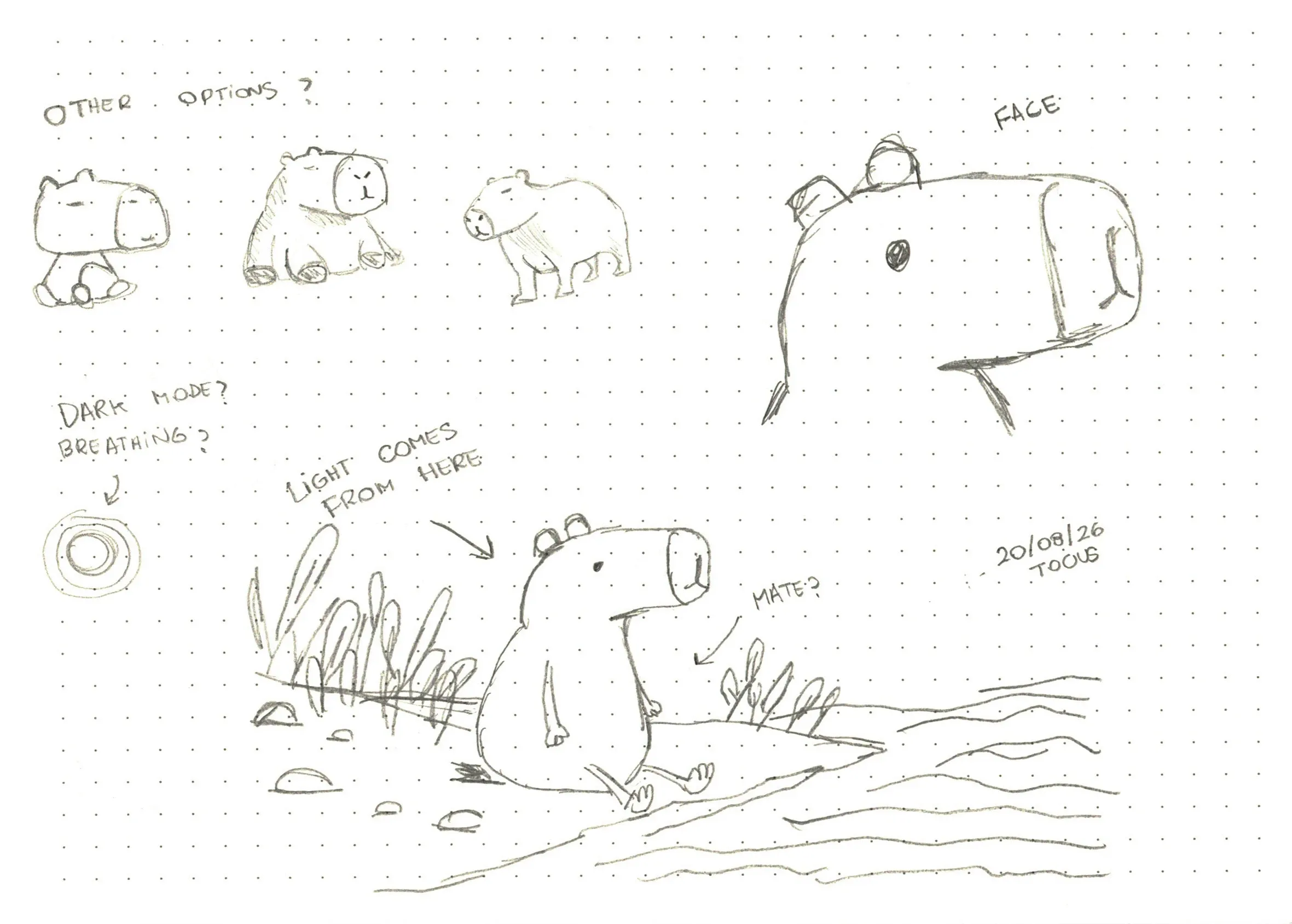 A pencil sketch with more poses of the capybara, a close-up of its face, a breathing circle in dark mode, and the capybara by the river, with an arrow pointing to where a mate could go.