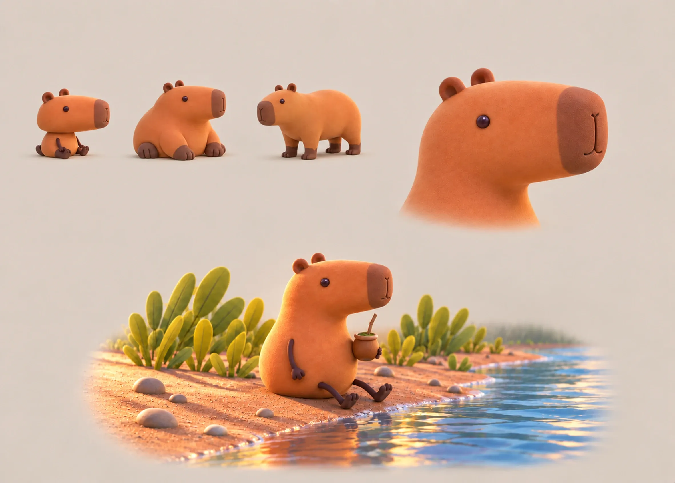Clay renders from the same sketch, with three poses of the capybara, a close-up of its face, and the capybara by the river with a mate.