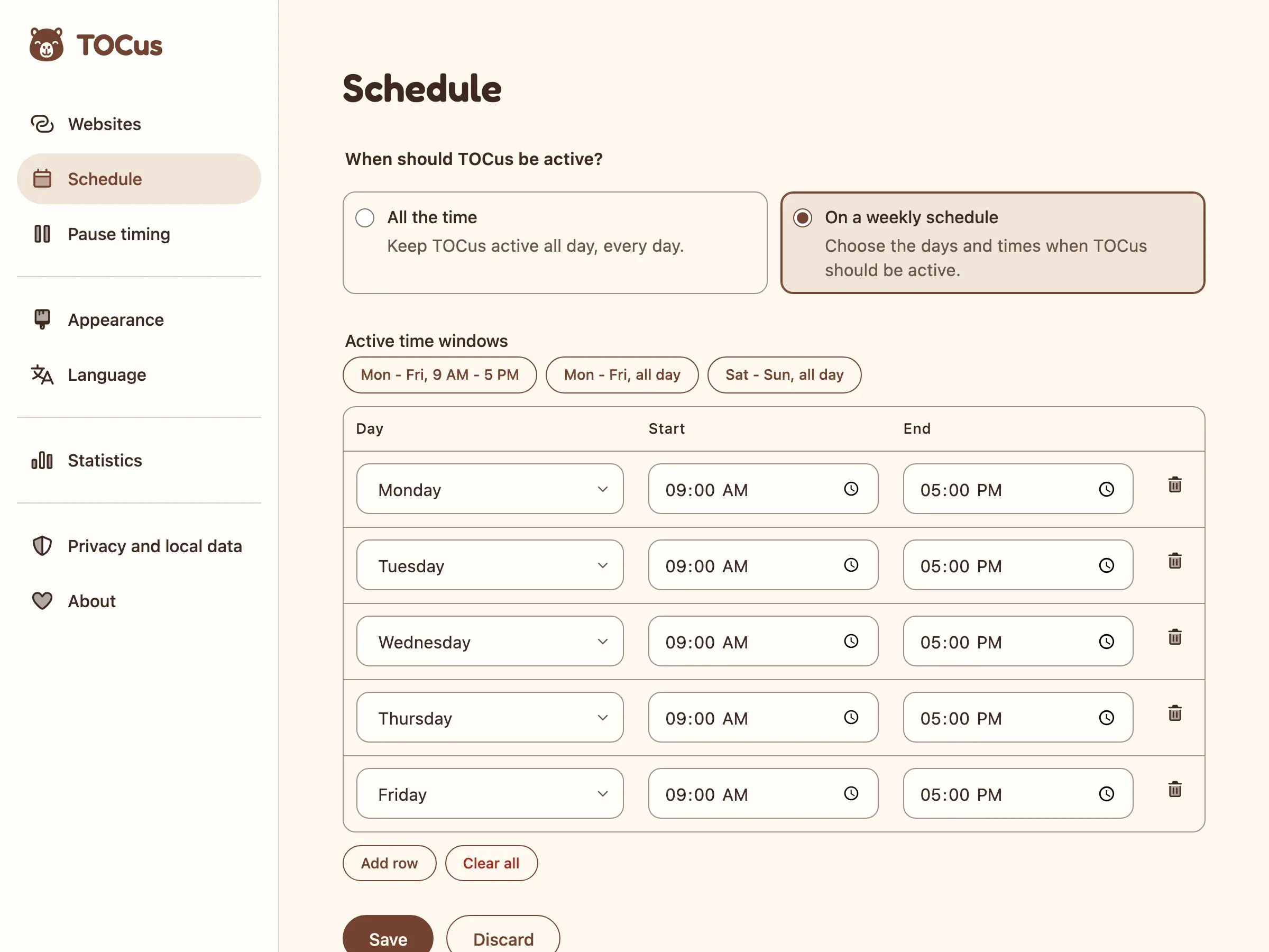 The TOCus weekly schedule after clicking the Mon - Fri, 9 AM - 5 PM preset, with rows from Monday to Friday from 09:00 AM to 05:00 PM and the three preset buttons above the table.