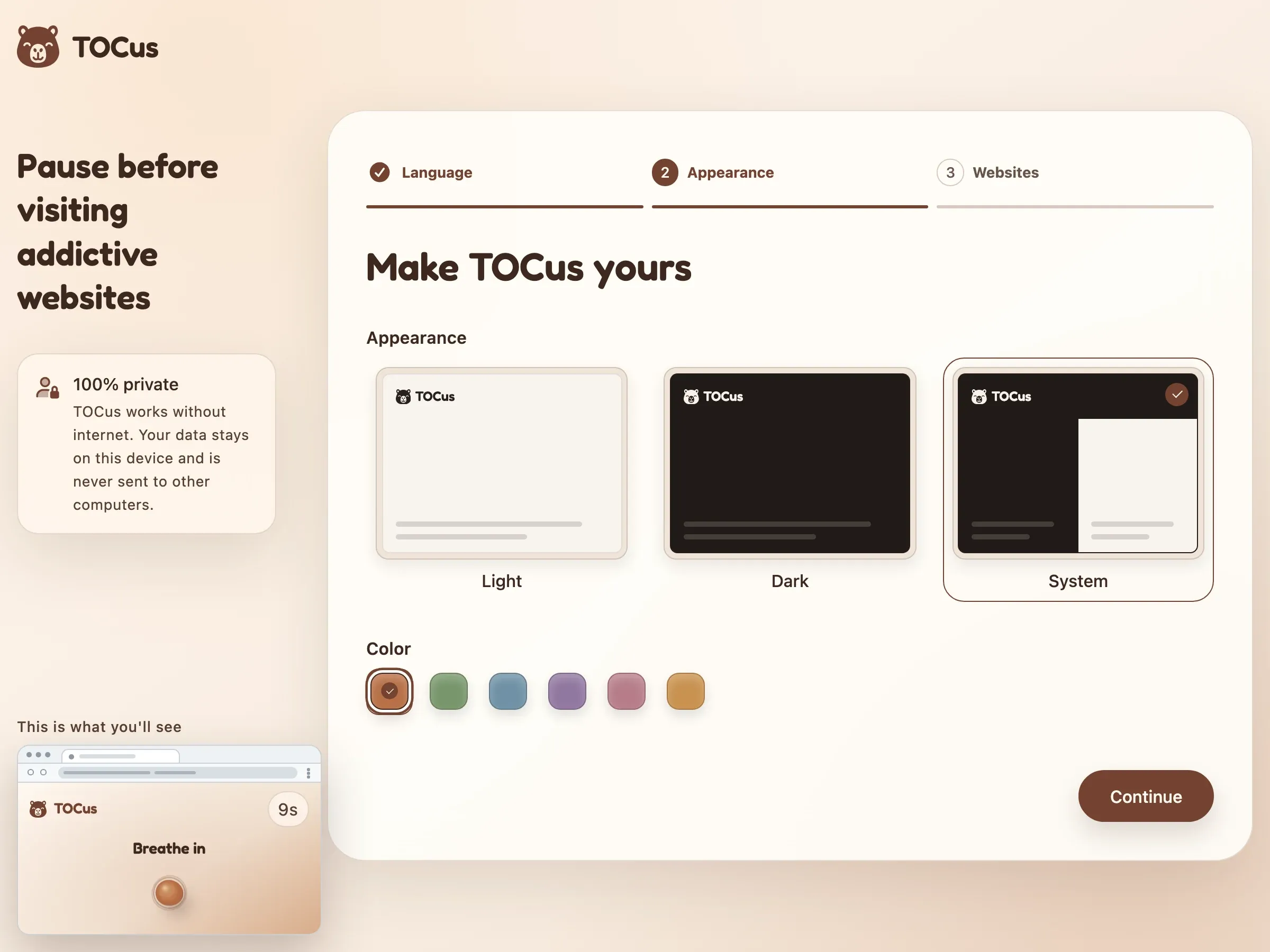 The second step of the TOCus setup, Make TOCus yours, with Light, Dark, and System appearance cards, six color swatches, and a small preview of the pause screen.