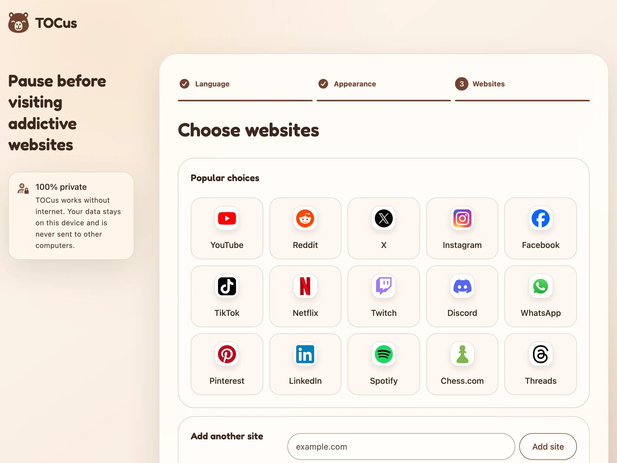 The third step of the TOCus setup, Choose websites, with fifteen popular sites like YouTube, Reddit, and Instagram, and a field to add another site.