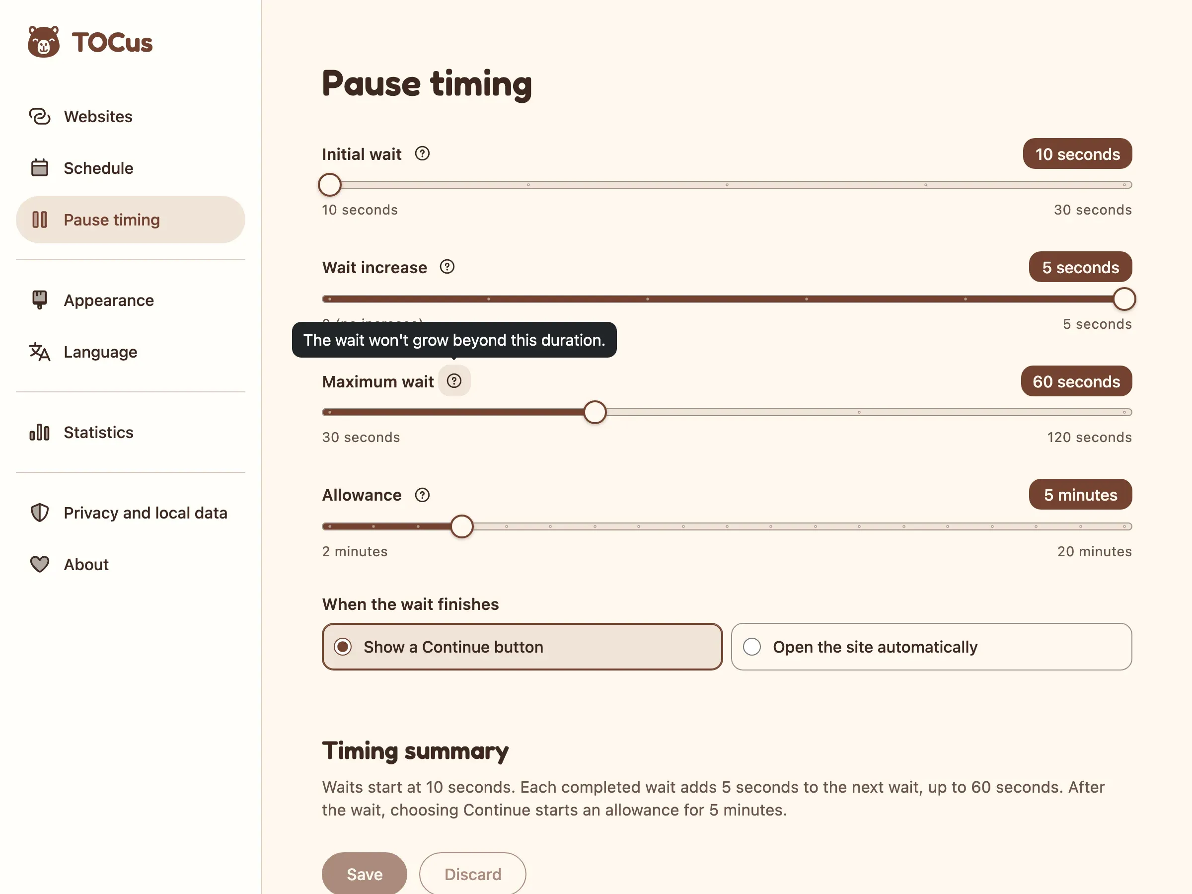 The Pause timing settings with four sliders for the initial wait, the wait increase, the maximum wait, and the allowance, and a tooltip over the maximum wait that says The wait won't grow beyond this duration.