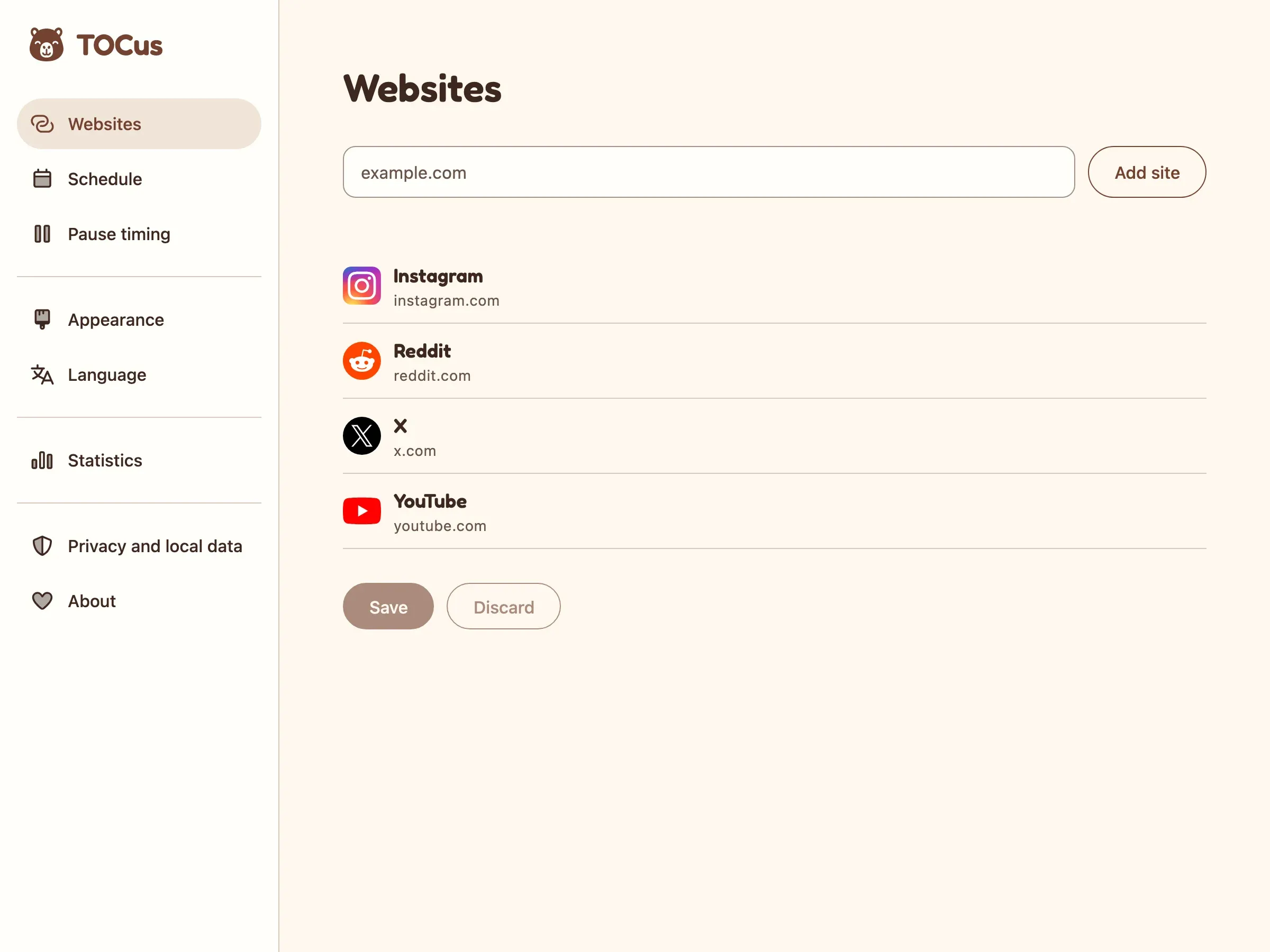 The same Websites settings in English.