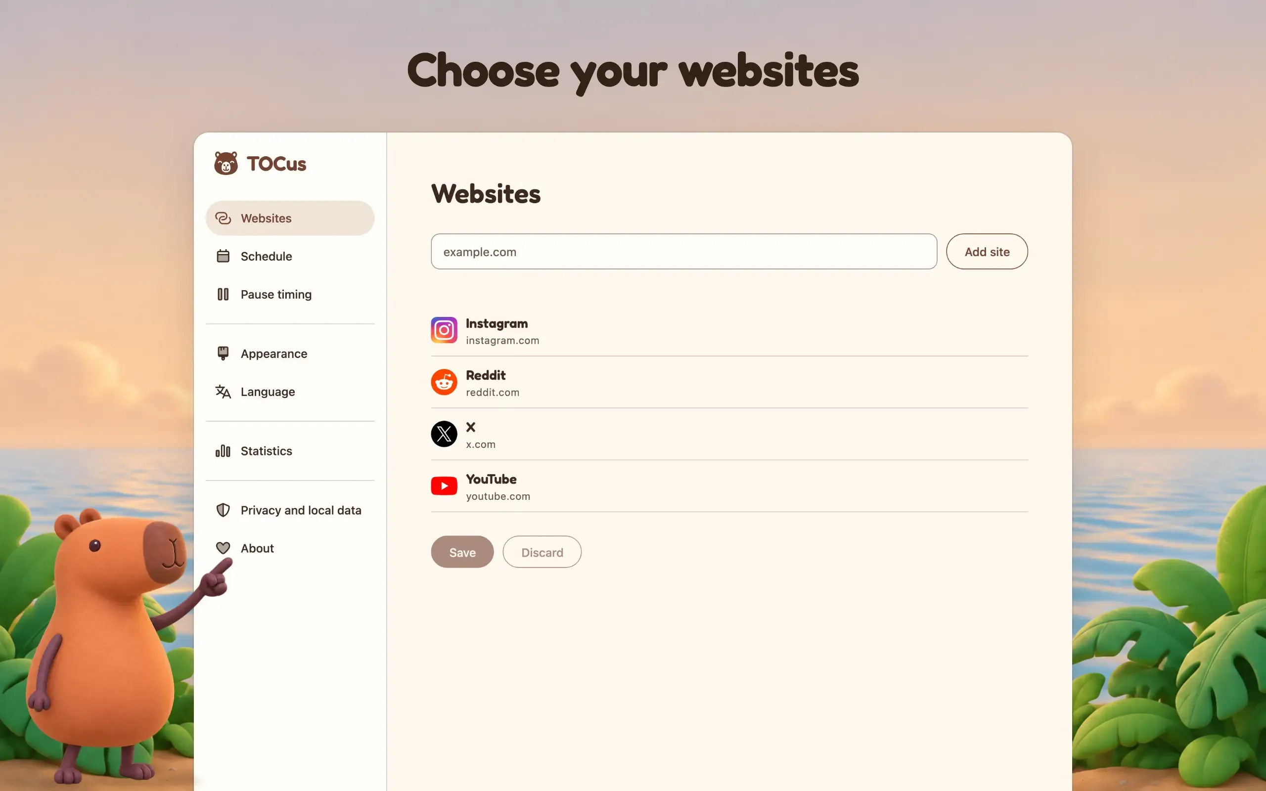 TOCus website settings listing Instagram, Reddit, X, and YouTube, with an option to add a site.