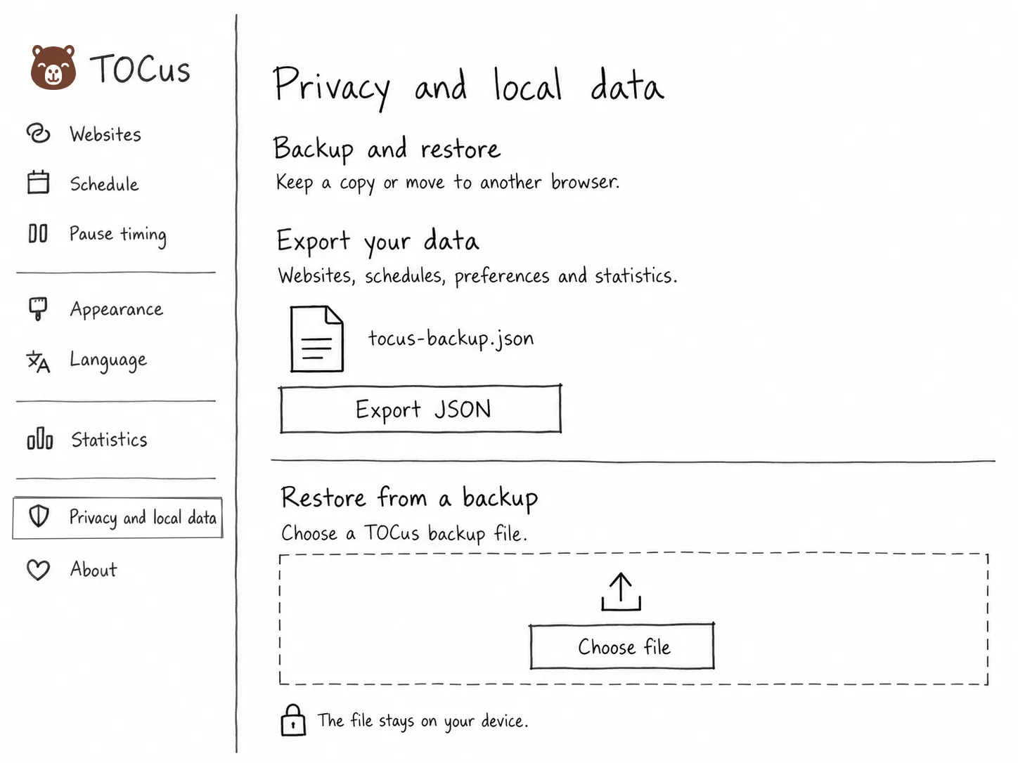 TOCus backup wireframe with an Export JSON button and a file picker for restoring websites, schedules, preferences, and statistics.