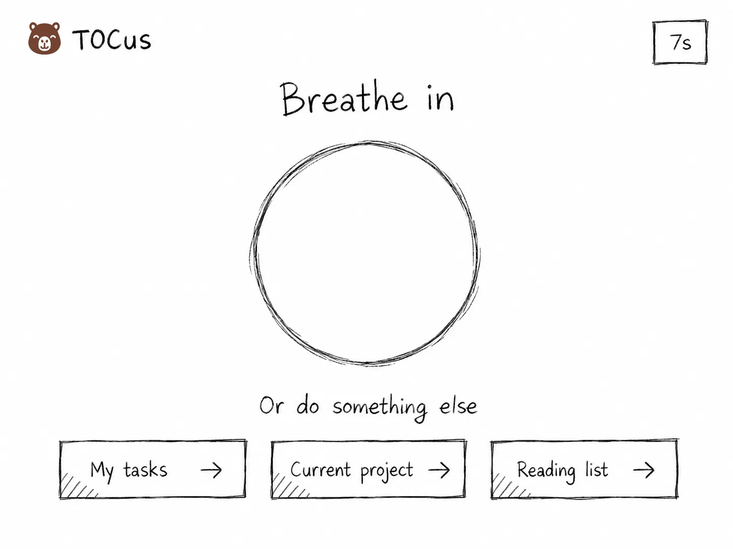 Wireframe of the TOCus pause screen with a breathing circle and three links: My tasks, Current project, and Reading list.