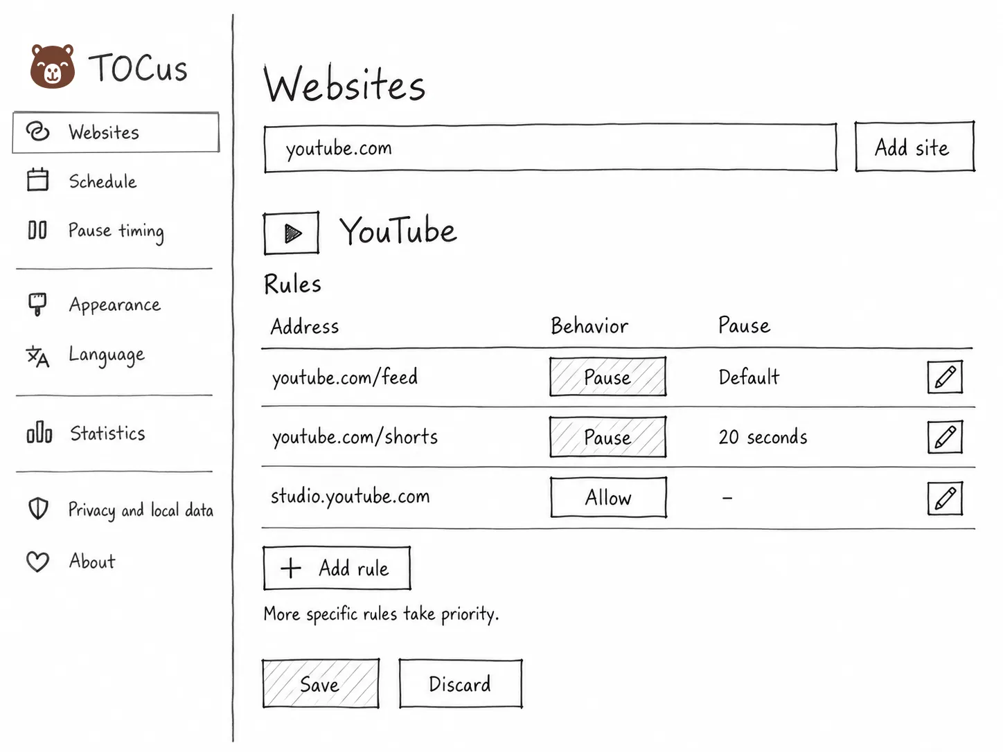 TOCus website rules wireframe with a normal pause for youtube.com/feed, a 20-second pause for youtube.com/shorts, and an allow exception for studio.youtube.com.